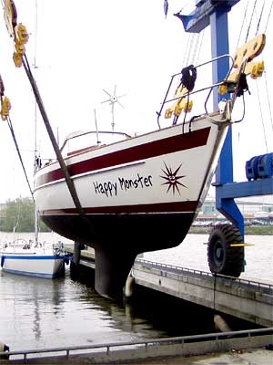 Foto van Happy Monster, hangende in de kraan